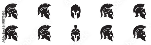 Ancient warrior helmet silhouette icon set. Spartan helmet icon vector set. Spartan Illustration sign collection. Medieval helmet symbol or logo.