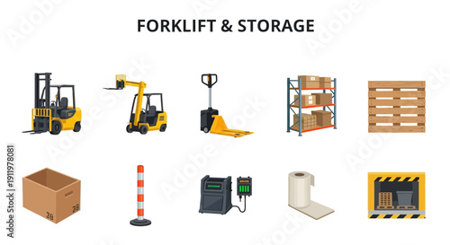 Warehouse equipment and storage items illustrated in yellow black and brown