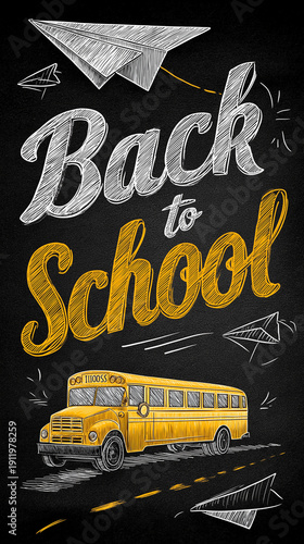 Back to School Chalkboard Illustration with Yellow Bus and Paper Plane