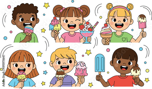 Diverse Group of Happy Children Eating Ice Cream Cones Sundaes and Popsicles Flat Vector Illustration Set for Summer Food Marketing and Kids Party Celebration Designs