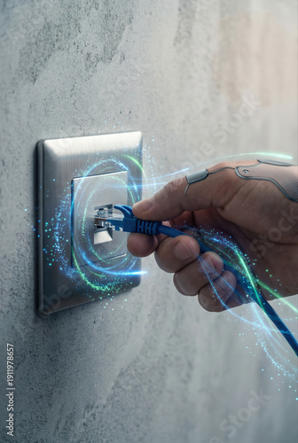 Close-up of a hand plugging an ethernet cable into a wall socket, symbolizing network connection and data transfer.