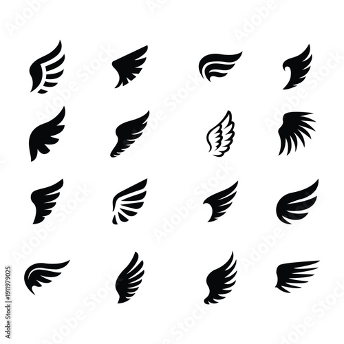 Abstract Wing Silhouette Icon Set, Minimal Angel and Bird Wings Collection, Flying Feather Shapes for Logo, Tattoo, and Symbol Design