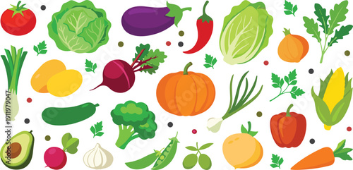 Large Collection of Fresh Vegetable Vector Icons Featuring Pumpkin Tomato Broccoli Eggplant Avocado and Carrot for Healthy Cooking Grocery Store and Vegan Menu Designs