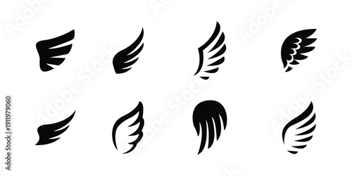 Abstract Wing Silhouette Icon Set, Minimal Angel and Bird Wings Collection, Flying Feather Shapes for Logo, Tattoo, and Symbol Design
