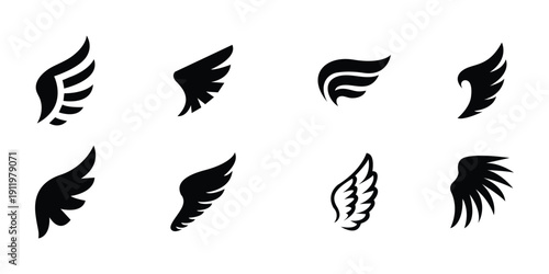 Abstract Wing Silhouette Icon Set, Minimal Angel and Bird Wings Collection, Flying Feather Shapes for Logo, Tattoo, and Symbol Design