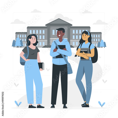 Diverse college students with books and backpacks in city university campus illustration