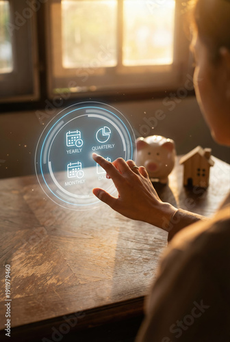 Person interacting with a futuristic financial planning interface, selecting quarterly data.