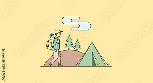 Backpacker walking past tent and trees on a hill, adventure concept