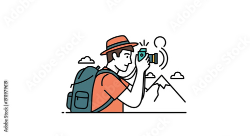 Man with backpack and camera taking photo of mountains, adventure travel, outdoor photography