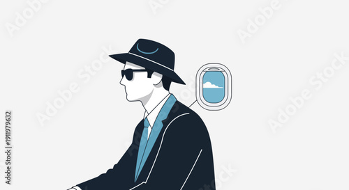 Man in Hat and Sunglasses Flying in Airplane, Looking Out Window