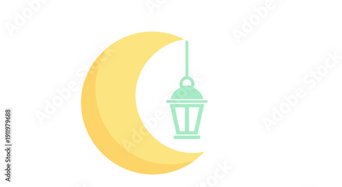 Ramadan Lantern Hanging Crescent Moon Icon. Islamic Holiday Symbol. Vector Illustration.