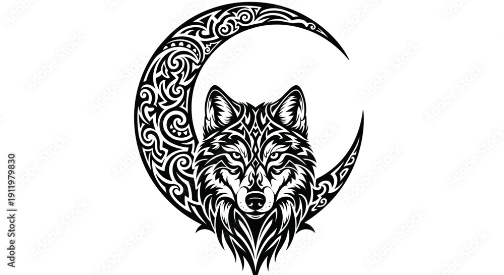 Fototapeta premium Tribal Wolf Head with Crescent Moon Tattoo Design