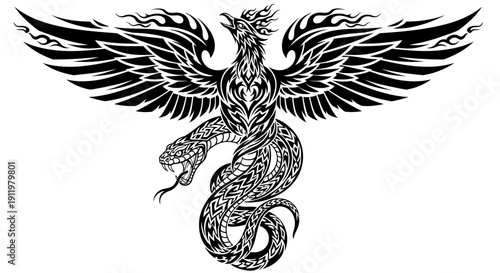 Tribal Phoenix Bird and Snake Tattoo Design Black and White