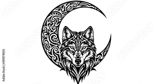 Tribal Wolf Head with Crescent Moon Tattoo Design