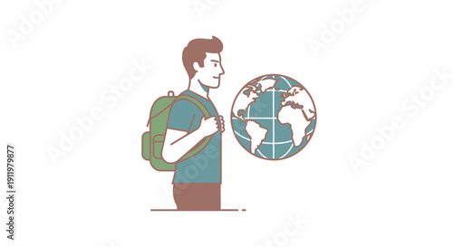 Young man with backpack and globe, travel concept illustration