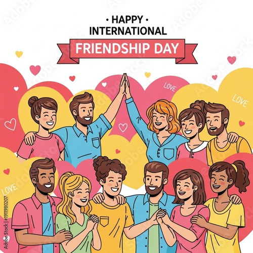 Happy International Friendship Day Illustration with Diverse Group of Friends