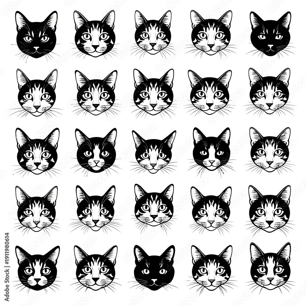 Fototapeta premium A collection of various cat faces in a grid pattern, each with unique expressions and orientations.