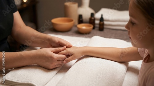 Close-up of a child's hand receiving massage therapy with essential oils and towels in a spa setting