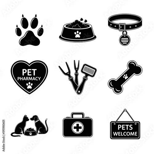 A collection of icons representing various aspects of pet care and ownership.