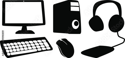 Desktop Computer Components: A set of essential desktop computer components, rendered in a sleek silhouette style, represents the core elements of modern technology and work.