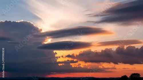 Vibrant Sunset with Clouds and Silhouetted Trees.