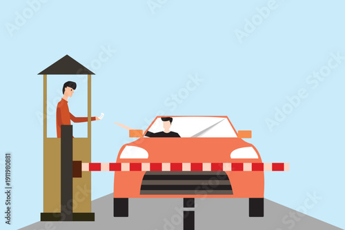 Parking Payment Booth with Customer and Clerk. Flat Design Illustration.