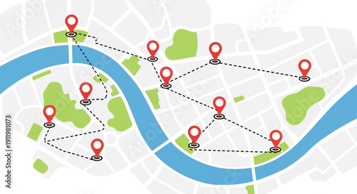 Navigation Map with GPS Pins and Route Lines Illustrating Travel and Exploration