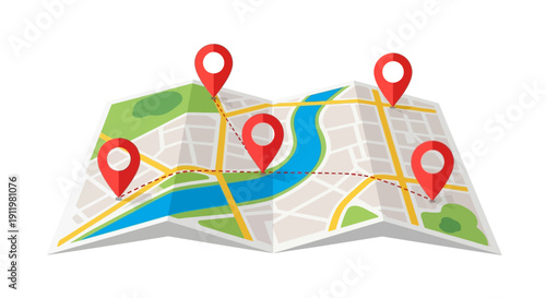 Folded Paper Map with Red Location Pins Marking Destinations on City Streets and River