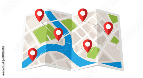 Folded Map with Red Location Pins and Connecting Dots for Navigation and Travel Planning