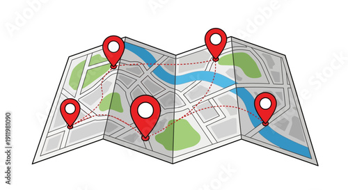 Interactive Map with Route Pins Navigation Planning Location Tracking and Destination Icons