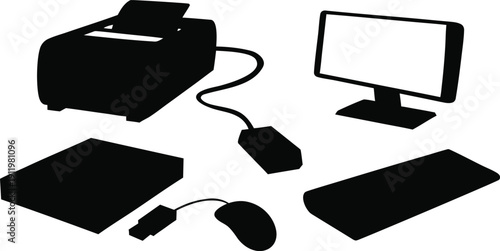 Silhouette Office Setup: A modern office setup is presented in stark, minimalist silhouette, with essential computer peripherals, hinting at productivity and efficiency.