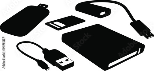 Technology Accessories: Silhouettes of modern technology accessories, arranged to emphasize shapes and functionality, perfect for technology concepts and designs.