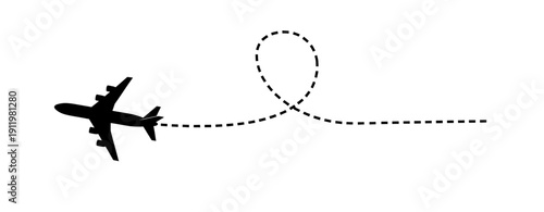 Silhouette of an Airplane Flying and Leaving a Dashed Trail in a Loop Symbolizing Travel Journey and Adventure