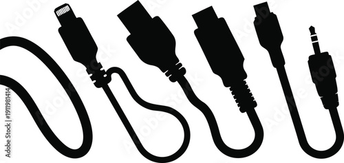 Connectivity Silhouettes: A curated collection of essential cable silhouettes, depicting a range of modern technology connections essential for everyday life and digital communication.