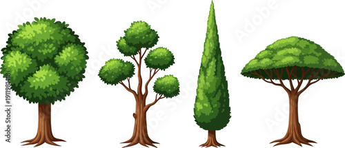 Diverse Collection of Four Cartoon Trees with Green Foliage and Brown Trunks on White Background