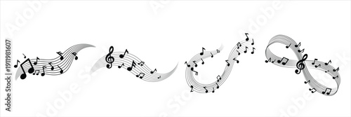 Musical Notes Swirl and Flowing Staff Lines Vector Set  Abstract Music Wave Melody Symbols Collection Black and White Illustration . eps10