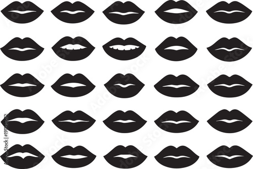 Comprehensive Vector Set of 25 Female Lip Silhouettes and Mouth Expressions in Black and White Iconography, perfect for beauty, communication, dating, and fashion designs.