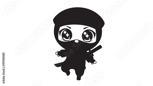 Cartoon Ninja Character in Black Silhouette Holding Swords with Large Eyes.