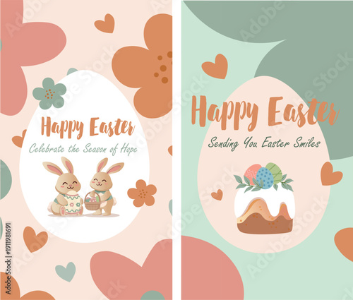 Boho Easter Greeting Cards Set – Modern Minimal Spring Postcards with Bunny and Eggs