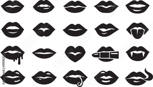 Vector Lips Silhouettes Collection: 20 Iconic Black Mouth Designs for Beauty, Fashion, and Graphic Projects, Including Kiss, Bite, Dripping, Fangs, and Piercing.