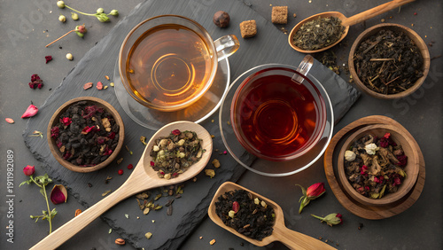 Tableau sur toile Overhead view of various loose leaf teas and brewed herbal infusions in glass cu