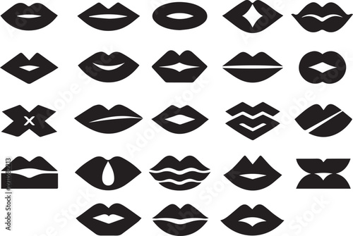25 Unique Black Lips Vector Icons Set: Diverse Silhouettes of Kisses, Mouths, and Abstract Shapes for Beauty, Fashion, Communication, and Valentine's Day Design