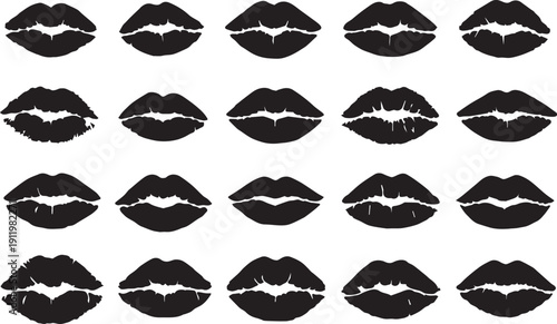 Seamless Vector Pattern of Black Lip Kisses and Lipstick Smudges in Various Shapes, Ideal for Fashion, Beauty, Valentine's Day, and Romantic Design Backgrounds. Versatile Monochromatic Repeat Texture.