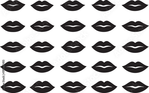 Stylish Black and White Lips Seamless Vector Pattern for Fashion, Beauty, and Valentine's Day Designs. Repeating Monochrome Kiss Icon Background Texture.