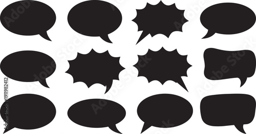 Set of comic speech bubble silhouettes. Vector black cartoon dialogue balloons, thinking clouds, and shouting explosion shapes.