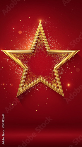 Golden Star with Glitter on Festive Red Background