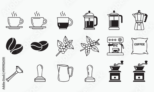 Premium Coffee & Espresso Icon Collection set in minimal flat style in white artboard