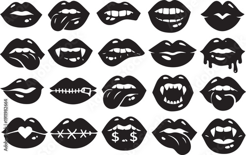 Expressive Lips Vector Silhouette Collection: 20 Unique Mouth Icons with Sexy, Gothic, and Pop Art Themes, Featuring Fangs, Licking Tongues, Zippers, Censorship, and Dollar Sign Expressions.