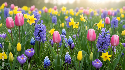 Colorful spring flowerbed filled with tulips daffodils and hyacinths in vibrant pink purple and yellow hues soft morning light