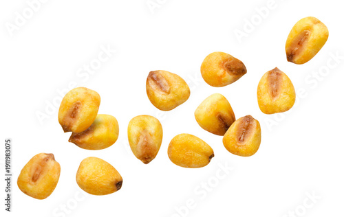 Roasted salted corn flies close up on a white. Isolated